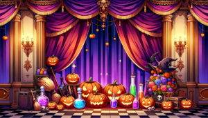 ハロウィンテーマの豪華な部屋にディスプレイされたカボチャ、魔法の薬瓶、魔女の帽子、ブルーム、ゴシックな柱と装飾、紫とピンクのカーテン、蝋燭の灯り。