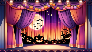 ハロウィンテーマのステージに飾られたカボチャのシルエット、夜空に飛ぶコウモリ、紫とピンクのカーテン、明るい月、墓石のシルエット、星の装飾。