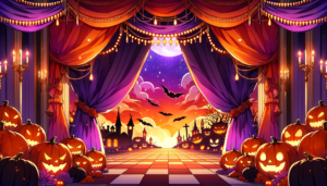 ハロウィンの夜の舞台セット風景。月明かりのもと、かぼちゃのランタンやコウモリ、キャンドルが輝く幻想的なコリドール