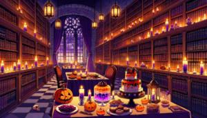ハロウィンパーティを彷彿とさせる図書館の室内。かぼちゃのケーキやキャンドル、スカルがテーブル上にディスプレイされ、壮大な書棚には無数のキャンドルが灯されている