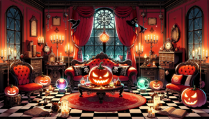 ハロウィンをテーマにした豪華な部屋のイラスト。中央に大きなジャック・オ・ランタンが置かれており、紅色の壁やカーテン、星空の窓、飾られたキャンドルやランプなどが特徴的。