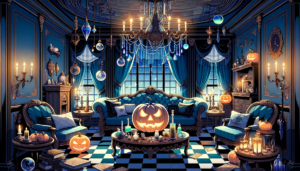 ハロウィンの夜をテーマにした高級な青い部屋のイラスト。部屋の中心には大きなジャック・オ・ランタンが置かれ、青い壁やカーテン、キラキラした星空の窓、輝くクリスタルやジュエリー、キャンドルや魔法の本などが飾られている。