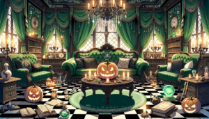 ハロウィンをテーマにした緑色のゴシック調の部屋。中央には大きなカボチャのランタンが輝いており、部屋の隅々にはキャンドル、魔法の本、クリスタルボール、そしてその他のハロウィンの装飾が施されている。