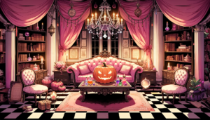 ハロウィンをテーマにしたピンク色のゴシック調の部屋。中央のテーブルにはカボチャのランタンが置かれ、その周りには色とりどりの魔法のポーションや花瓶が並べられている。背景には本の棚やキャンドル、そしてハロウィンの装飾が豪華に飾られている。