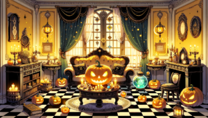 ハロウィンの夜をイメージした豪華な部屋の内部。大きなジャック・オー・ランタンが中央のテーブルに置かれ、壁や天井にはゴールデンな装飾とキャンドルが配置されている。