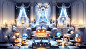 ハロウィンの夜をイメージしたエレガントな白い部屋。中央のソファの前にはジャック・オー・ランタンが置かれ、部屋の随所にキャンドルやハロウィンの装飾が施されている。