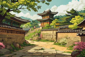 伝統的な韓国の建築が美しい自然の中に調和している様子を描いたイラスト。古い石畳の道が風景を通っており、桜の花が彩りを添えている。