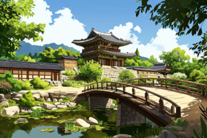 韓国の伝統的な建物と石造りの小橋がある静かな庭園を表現したイラスト。清らかな池と豊かな緑が平和な雰囲気を醸し出している。