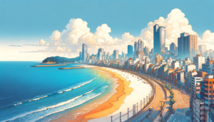 海辺の都市のパノラマビューを描いたイラスト。ビーチ沿いには高層ビルが立ち並び、青い海と空が広がっている。遠くの島まで見渡せる。