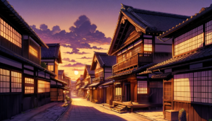 日暮れ時の落ち着いた雰囲気の中、伝統的な日本の町並みが描かれたイラストです。木造の家々が柔らかな夕日に照らされており、シルエットが美しく浮かび上がっています。家々の窓からは暖かい光が漏れ、静けさの中にも人々の暮らしのぬくもりを感じさせます。