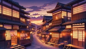 夕焼け空と古い日本の町並みが調和したイラストです。木造の家々がオレンジ色の夕日に照らされ、通りにはほんのりと灯りがついています。通りの両側には提灯や植物、書籍が置かれた店が並び、ゆったりとした時間が流れている様子が伝わってきます。