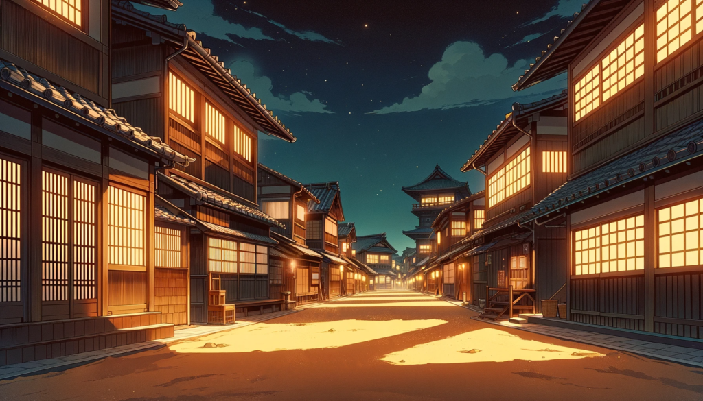 星空の下、古い日本の町並みが黄金色の光で照らされているイラストです。家々の窓から差し込む光が通り全体を明るくしており、夜の帳が下りた静けさの中でも生活の温もりを感じさせます。通りは石畳で、遠くには日本の伝統建築のシルエットが見えます。