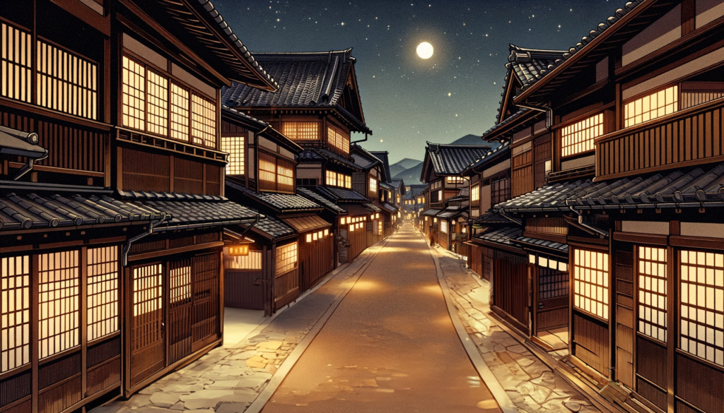 夜空に浮かぶ月明かりの下、古い日本の町並みのイラストです。家々からはやわらかな光が漏れ、道を照らしています。空は星で満たされ、静寂と美しさが感じられるシーンです。