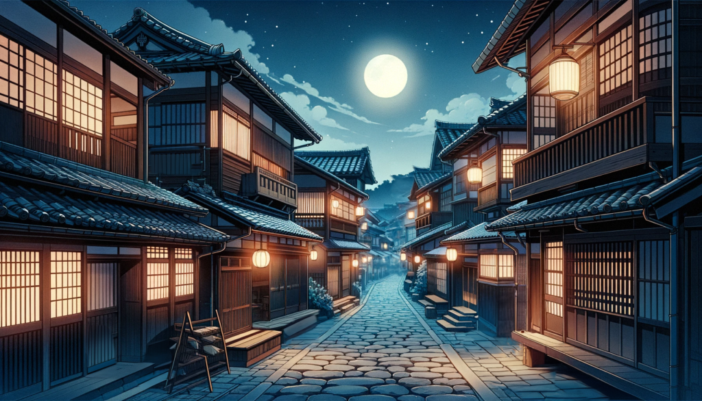星明かりと提灯の光が照らす、夜の日本の伝統的な町並みです。建物は木造で、和紙の窓が温もりを放ちながらも、夜の落ち着きを保っています。道は石畳で、ほのかに光るランプが通りに点在しています。