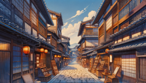 歴史的な日本の町並みが描かれたイラストです。夕暮れ時の空の下、伝統的な木造建築が並ぶ静かな通りが見られます。建物には照明として赤い提灯が灯されており、和紙に覆われた窓からは温かい光が漏れています。通りには様々な店が軒を連ねており、右側には木製の看板や本の並べられた本棚が特徴的です。