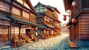朝の光が照らす古い日本の町並みを描いたイラストです。歴史を感じさせる木造の家並みが、石畳の道に沿って建っています。家々は茶色や暗い木目調で統一されており、道には赤と白の提灯が並んでいます。通り沿いには書物や草履が置かれた店があり、どこか懐かしい雰囲気を醸し出しています。