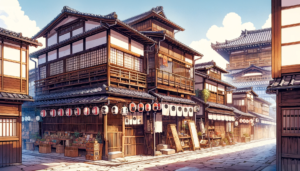 明るい日中のシーンで、伝統的な日本の町並みを描いたイラストです。重厚な木造の建築物が特徴で、白い暖簾と赤い提灯が並んだ商店が見えます。道端には果物や野菜が並ぶ露店があり、石畳の通りは静けさを保ちながらも日常の活気を感じさせます。