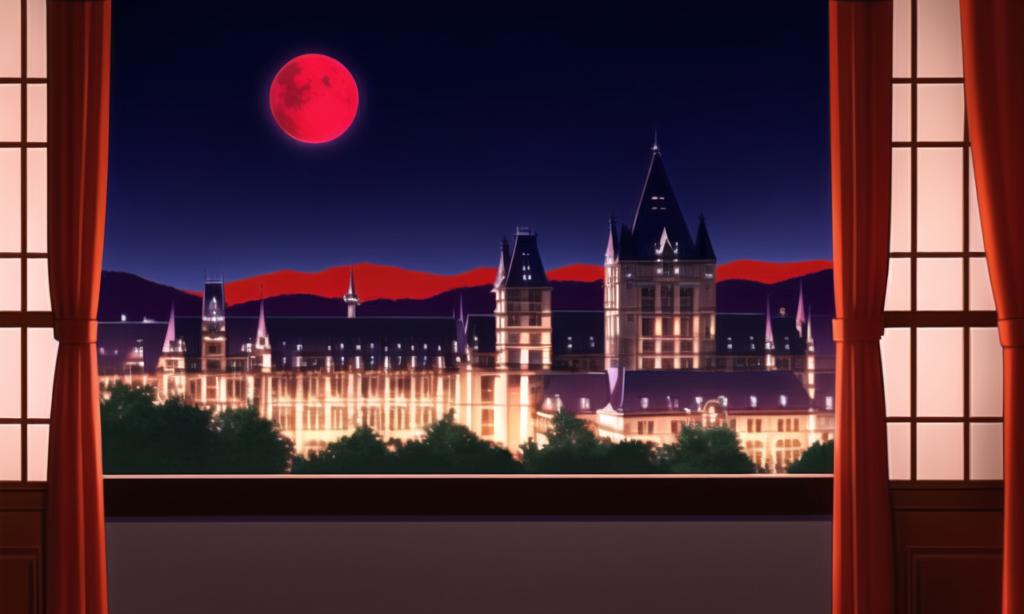 赤い月の世界-館の内装の背景イラスト10,Background Illustration of Red Moon World Interior of Mansion10,"红月亮世界展馆内部"的背景说明10