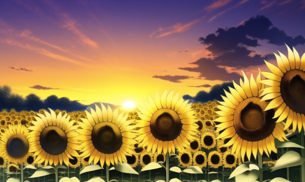 夕方のひまわり畑の背景イラスト01,Background Illustration of Sunflours field in the evening01,"黄昏时分的向日葵花田"的背景图01,저녁 해바라기 필드 배경 그림01