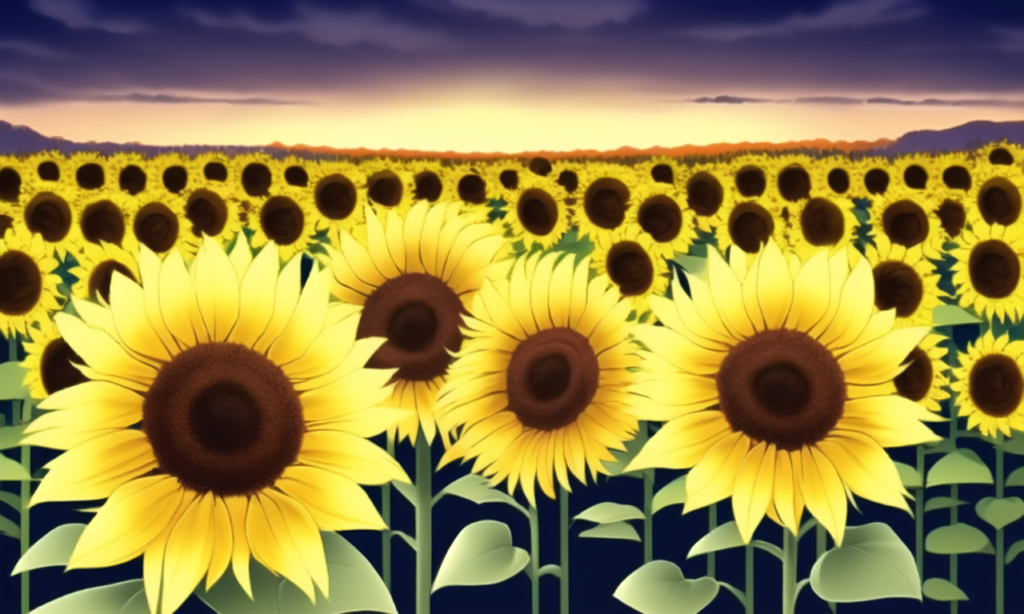 夕方のひまわり畑の背景イラスト02,Background Illustration of Sunflours field in the evening02,"黄昏时分的向日葵花田"的背景图02,저녁 해바라기 필드 배경 그림02