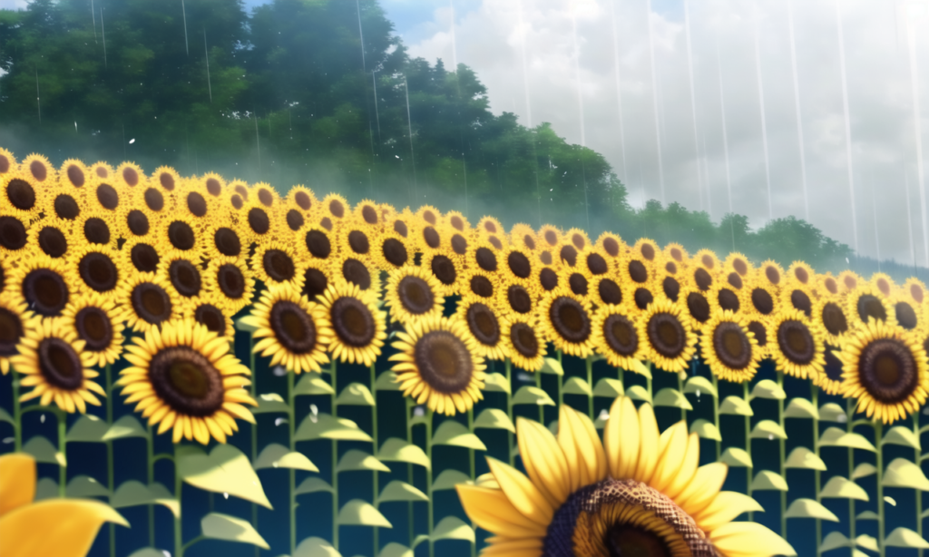 雨のひまわり畑の背景イラスト01,Background Illustration of Sunflours field in the rain01,"雨中的太阳花田"的背景图01,비가 오는 해바라기 필드 배경 그림01