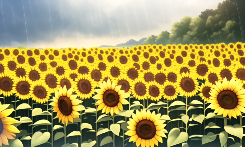 雨のひまわり畑の背景イラスト02,Background Illustration of Sunflours field in the rain02,"雨中的太阳花田"的背景图02,비가 오는 해바라기 필드 배경 그림02