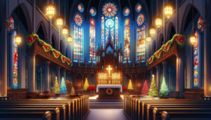 ステンドグラスの窓が光を放つ教会内部のイラストで、中央の祭壇にはクリスマスツリーが設置され、通路沿いにガーランドとクリスマスの装飾が施されている。