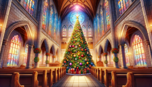 豪華なステンドグラスの窓が並ぶ教会の内部に、中央通路を通じて見える大きなクリスマスツリーのイラスト。ツリーは美しく飾り付けられ、周囲にはクリスマスの装飾が施された教会の内部が描かれている。