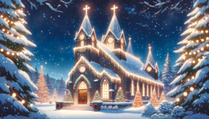 夜空の星と雪が降る中、クリスマスの飾り付けが施された大聖堂が描かれています。大聖堂は点灯された窓と屋根に沿って光るイルミネーションで飾られ、正面には大きなドアがあります。周りには雪に覆われた木々と、屋根に積もった雪が光っています。大聖堂の前には、光るクリスマスツリーがあり、その魅力的な風景は冬の祝祭感を高めています。