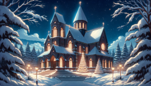 青い空と白い雲の下、雪が積もった敷地に立つ大聖堂が描かれています。大聖堂は、尖塔、大きな窓、そして中央に配置された大きな時計が特徴的です。屋根と地面には雪が積もり、正面の階段には足跡が見えます。大聖堂の前には点灯された街灯が並び、その周囲には雪に覆われた木々が立ち並んでいます。中央には、装飾されたクリスマスツリーがあります。