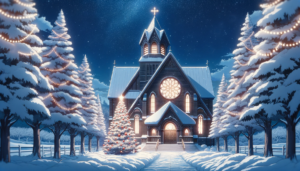静かな冬の夜に照らされた雪に覆われた大聖堂のイラストです。大聖堂は大きな丸い窓と尖塔が特徴で、屋根には雪が積もり、頂点には輝く十字架があります。大聖堂の周りには、クリスマスのライトで飾られた木々が並び、一番近い木には雪が積もっています。正面の階段には足跡が付いており、その階段を上がると重厚な木製のドアがあります。全体的に、静寂と祝祭の雰囲気が漂っています。