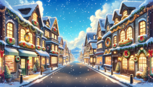 雪が積もった屋根と、クリスマスの飾り付けが施された建物が並ぶ静かな通りのイラスト。夜の静寂に照らされた街路灯と、窓から漏れる温かい光が心地よい雰囲気を演出している。