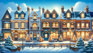 雪景色の中、クリスマスの装飾が施された素敵な町並みのイラスト。街路灯が点る夕暮れ時で、各家の窓からは暖かな灯りが見え、クリスマスツリーやリースで飾られた通りが描かれている。