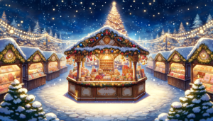 星空の下、中央に大きくて華やかなクリスマスツリーが設置されたマーケットのイラスト。周りには雪が積もった屋根とクリスマスの飾りで飾られた小屋が並んでおり、幻想的な雰囲気を醸し出している。