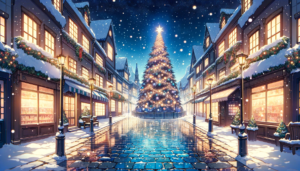 雪が積もったクリスマスツリーが並ぶ通りの中央には、輝く装飾が施された大きなクリスマスツリーが立っているイラスト。周囲の建物もクリスマスの飾りで美しく飾られ、雪と光の反射で道が光沢を放っている。