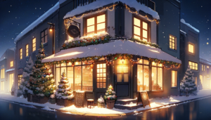 空に照らされた雪景色の中、角に位置するカフェのイラスト。カフェの屋根と窓辺にはクリスマスの装飾が施され、静かに灯りがともり暖かな雰囲気を作り出している。