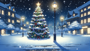 雪に覆われた通りに立つ華やかなクリスマスツリーと街灯のイラスト。背景には温かい灯りが窓から差す家々が並び、雪が静かに降り積もる夜を描いている。