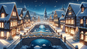 雪が積もった川をまたぐ石造りの橋と、クリスマスの飾りで装飾された街並みのイラスト。夜空には星がきらめき、街はクリスマスツリーの明かりで暖かく照らされている。