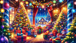 屋内のクリスマスシーン。豪華に飾られたクリスマスツリーが中央にあり、その周りに様々な色と大きさのラッピングされたプレゼントが山積みになっている。ツリーの飾りには光るオーナメントやリボン、そしてトップには星が輝いている。窓の外には雪が降る冬の風景が見え、室内は暖かな光で照らされている。床には電車のおもちゃとぬいぐるみのサンタクロースが置かれている。