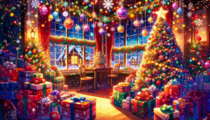 屋内のバーのカウンターに面したクリスマスの装飾。カウンターには赤いクリスマスの花輪と緑のリースが飾られ、天井からは光るクリスマスボールが吊り下げられている。床には色とりどりのプレゼントが散りばめられ、その中央には大きくて華やかなクリスマスツリーが立っている。ツリーの飾りは豊富でカラフルで、窓の外には雪景色の小さな家が見える。