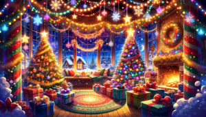 クリスマスの飾り付けが施されたリビングルーム。両サイドには高く装飾されたクリスマスツリーが立ち、中央には暖炉の上に飾られたリースが見える。部屋はカラフルなクリスマスライトとガーランドで飾り付けられ、ソファと窓際には柔らかなクッションが置かれている。窓の外には雪が積もった家々が見え、暖炉には火が灯っており、床には多くのラッピングされたプレゼントが散らばっている。