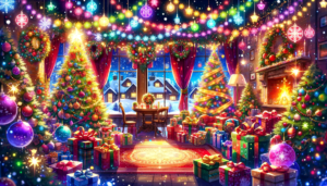 クリスマスに飾り付けられたダイニングエリア。中央には木製のテーブルが置かれ、その上にはクリスマスの装飾が施された花瓶がある。部屋には大小さまざまなクリスマスツリーがあり、天井からは色とりどりの光るオーナメントが吊り下げられている。壁には飾り棚があり、その上にはクリスマスの装飾品が並んでいる。窓の外には雪景色が広がり、床には包装紙で包まれたプレゼントが多数置かれている。