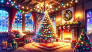 伝統的な木造のリビングルームに設置されたクリスマスの装飾。大きな窓の横には豪華に装飾されたクリスマスツリーがあり、その周囲にはラッピングされたプレゼントが積まれている。暖炉の上には赤いストッキングが吊るされ、リースが飾られている。部屋はクリスマスライトとガーランドで飾り付けられ、柔らかな赤いカーテンが窓に掛けられている。外は雪景色で、暖炉には薪が燃えており、居心地の良い雰囲気が漂っている。
