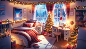クリスマスに飾られた居心地の良い寝室。ベッドには赤と白のチェック柄の寝具がかけられ、窓際には飾り付けられた小さなクリスマスツリーがある。部屋はクリスマスのガーランドで飾られ、壁には雪景色の絵やクリスマスの装飾が掛けられている。デスクの上にはクリスマスの飾りが置かれ、暖かい光のランプが灯っている。外は雪が降っており、室内は温かく明るい雰囲気がある。
