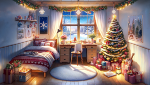 クリスマスに飾られた明るいベッドルーム。ベッドには赤い雪の結晶模様の寝具があり、部屋の隅には飾りつけられたクリスマスツリーが立っている。デスクにはクリスマスカードやキャンドルが飾られ、窓辺にはガーランドとリースが掛けられ、雪の降る景色を望むことができる。部屋全体に温かみのある光が溢れ、床にはプレゼントが丁寧に配置されている。