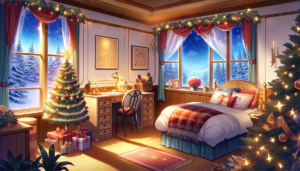 クラシックなデザインのベッドルームにクリスマスの装飾が施されている。ベッドにはチェックの寝具がかけられ、窓際には小さなクリスマスツリーとプレゼントが置かれている。デスクはクリスマスの飾りでいっぱいで、壁には絵画とクリスマスの飾りが掛けられている。窓からは雪景色が見え、部屋はクリスマスライトで暖かく照らされている。