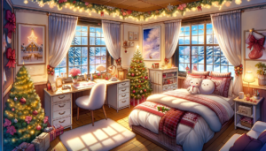 クリスマスに装飾された居心地の良いベッドルーム。大きな窓からは雪景色が見え、部屋はクリスマスツリーとガーランドで飾られている。ベッドには赤と白の寝具があり、デスクにはクリスマスの飾りが並び、壁にはクリスマスの絵が掛けられている。ベッドの上には雪だるまの形をしたクッションが置かれ、床にはプレゼントが散らばっている。