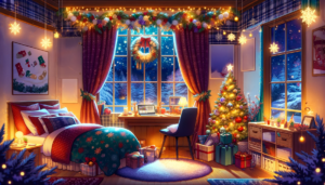 クリスマスツリーとクリスマスリースが飾られたベッドルーム。窓にはクリスマスのガーランドと星形のライトが飾られており、夜の雪景色が外に広がっている。ベッドには赤と青のクリスマス模様の寝具が使われ、デスクにはノートパソコンとクリスマスの装飾がある。部屋のあちこちには様々なラッピングされたプレゼントが置かれている。