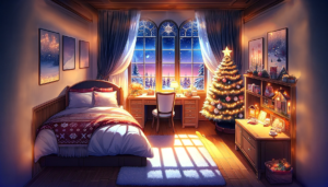 クリスマスに装飾された快適なベッドルーム。ベッドには赤と白の雪の結晶柄の寝具がかけられており、部屋の隅には光る飾り付けのクリスマスツリーがある。デスクにはクリスマスの装飾品が並び、窓からは冬の夜の景色が見え、壁にはクリスマスの絵が掛かっている。部屋全体には温かい光が満ちており、床には白いラグが敷かれている。