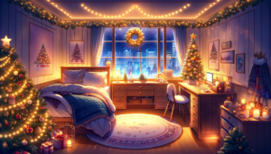 都市の夜景を背景にしたベッドルームでのクリスマス。ベッドの上には青と白の寝具があり、窓際には光るクリスマスツリーが置かれている。デスクにはノートパソコンとクリスマスのキャンドルがあり、ガーランドとクリスマスライトが部屋を明るく照らしている。窓に掛けられたリースからは外の雪景色が見え、部屋の雰囲気は温かく祝祭的である。